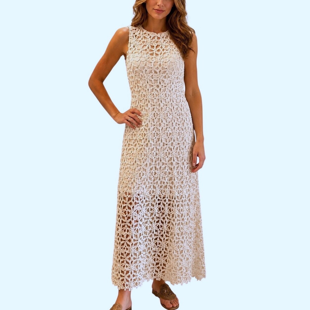 INA Cream Floral Crochet Lace Sleeveless Maxi Dress‎ Size L IDL9557 Ivory Boho